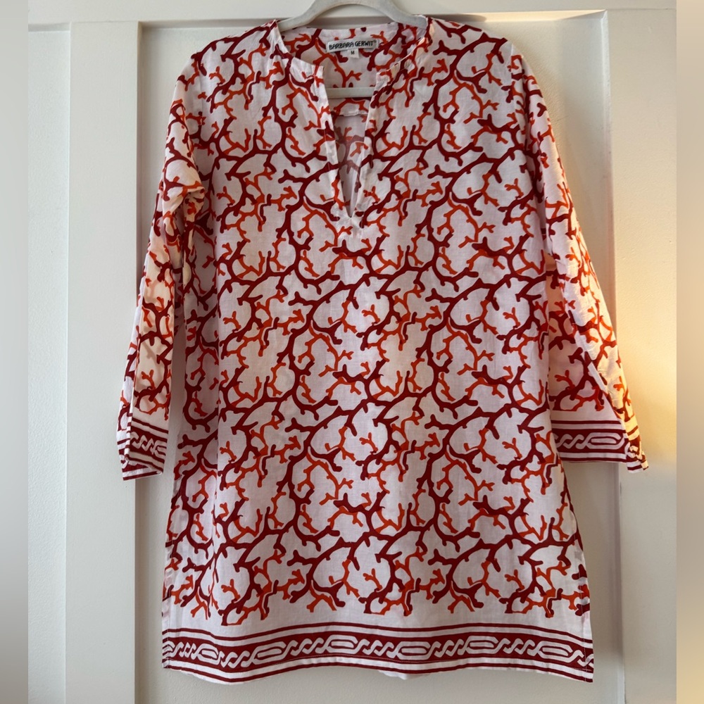 Barbara Gerwit Coral Patterned Tunic Light Airy Cotton Fabric 3/4 Sleeve Size M